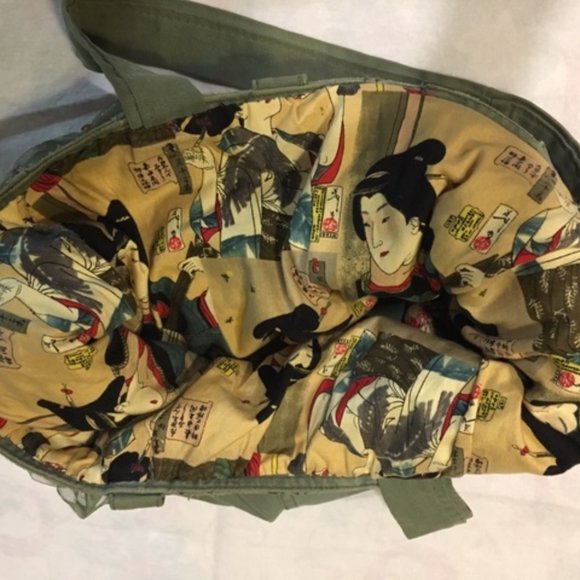 American Eagle Jean Fabric Olive Green Beads Lace Flowers Shoulder Bag Tote - Picture 11 of 16